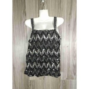 Joanna Vintage Sequin Tank Top Black Silver Zigzag Metallic Party Cami Small USA